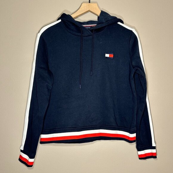 Women's S Tommy Hilfiger Pullover Hooded Sweatshirt Navy White Red Logo Cropped - Picture 2 of 6